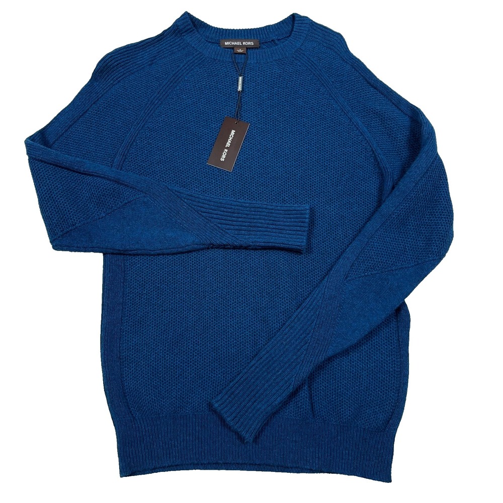 Michael Kors Sweater Men Small Blue Cable‎ Knit Textured Nylon Wool Blend NEw
